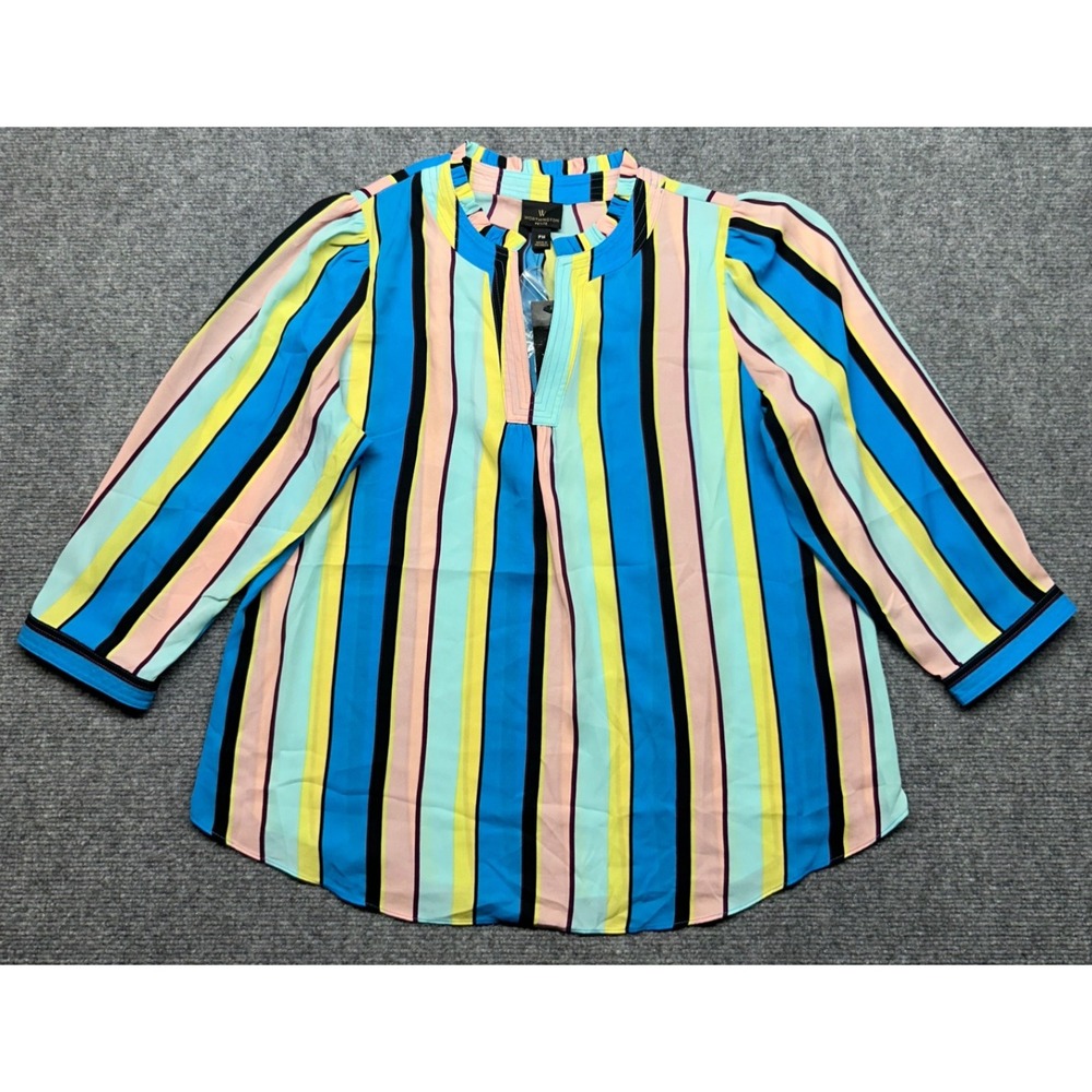 Worthington Blouse Womens PM Multicolor 3/4 Sleeve Striped Ruffle Neck Top New
